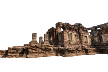 The ancient stone architecture of the Phimai Castle ruins in Nakhon Ratchasima, Thailand, is a major tourist attraction in Asia. (Cutout on a white background)