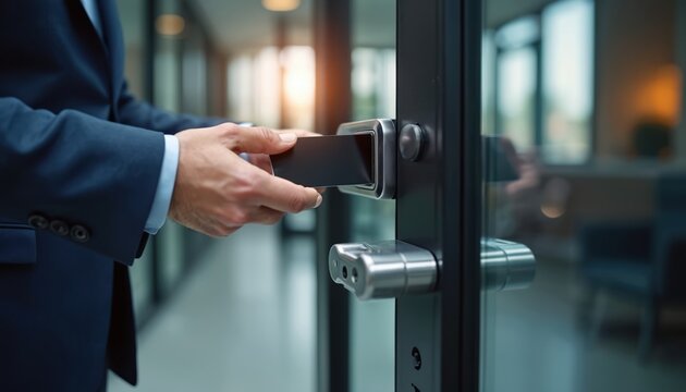Man in suit uses card to open office door. He swipes access card for entry or exit. Modern security system grants building access. Professional gatekeeper grants entrance.