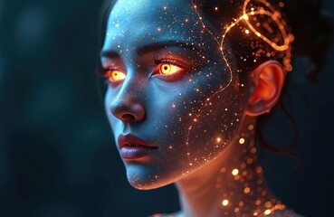 Woman with glowing orange eyes, skin lit by sparkling golden light particles. Digital art portraying future tech, cybernetic enhancement, unique human individuality. Data streams across her face.