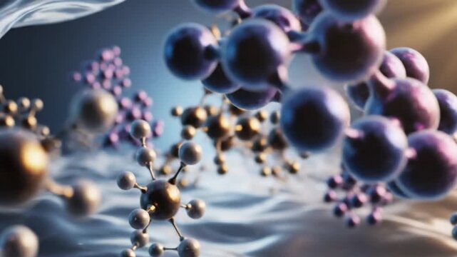 Abstract atom and molecule animation with slow flowing motion, biotechnology and medical chemistry concept, macro skincare visualization, seamless looping background, high-quality