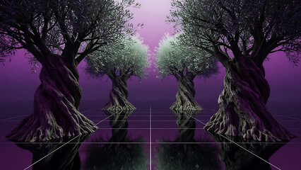 stylized olive trees with twisted trunks symmetrically reflect on a dark grid floor against a purple gradient for conceptual digital art.