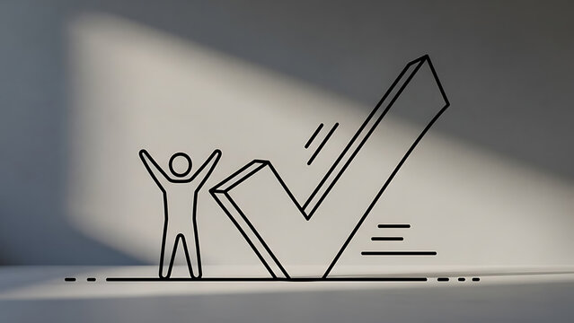 success achievement concept outline person celebrating by a large 3d checkmark icon for business goal completion and project task validation