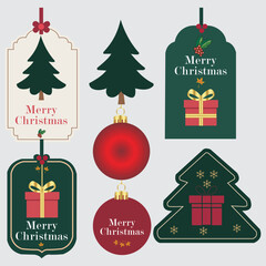 Merry Christmas greeting card poster clipart set. Christmas tags clip art with pine tree, gift box and xmas balls paper cut decoration elements in elegant invitation collection vector illustration