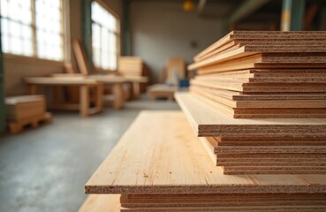 Stacks of flat wood panels rest inside a carpentry workshop with windows. Timber sheets are ready for building furniture in a joinery place.
