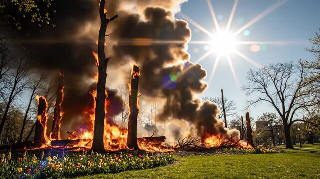 Cinematic slow motion view of arson damage in a city park, burning flames near trees, thick smoke plumes, spring environment, bright sun and lens flare effects
