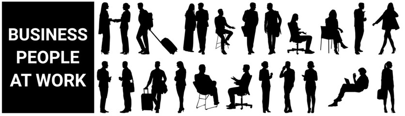 Business people at work. Silhouette of business people standing, sitting on chair, travelling at airport, chatting and discussing. 