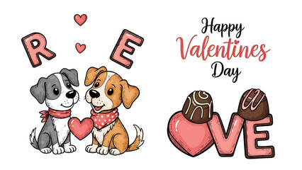 Fototapeta premium Sweet illustrated puppies in a heartwarming pose, celebrating love and companionship with charming romantic elements and festive chocolate designs