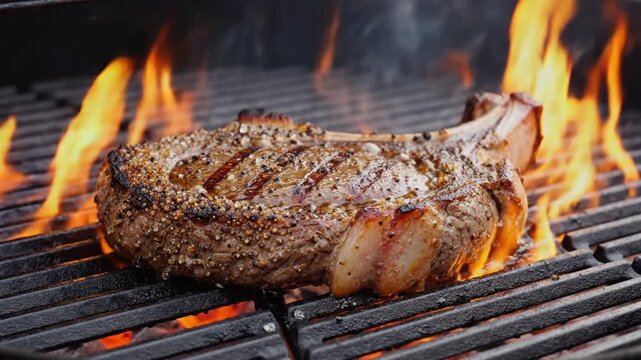 Close-up barbecue scene of a steak roasting over hot coals, dramatic fire flames, smoky atmosphere, seasoning crust forming, juicy grill marks, slow-motion shot ideal for summer picnic vibes