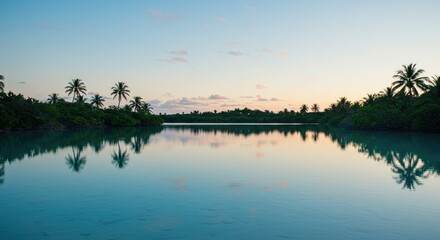 Fototapeta premium Serene Tropical Lagoon at Dusk: Palm Reflections in Calm Waters