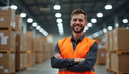 Smiling man in orange vest works in warehouse with stacked boxes. He looks happy and confident while overseeing operations. This photo suits business, industry, and logistics themes.
