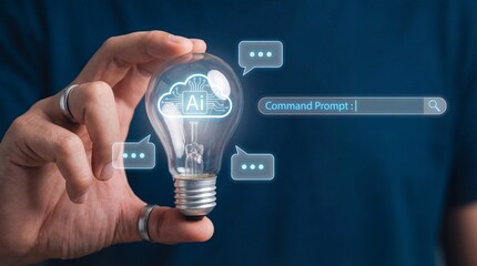 Innovative businessman holding lightbulb with AI cloud and chat icons