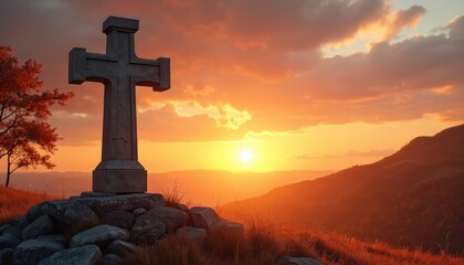 Stone cross stands on rocky hill during autumn sunset. Orange sun sets behind distant mountains. Tree with red leaves is nearby. Golden sky with clouds.