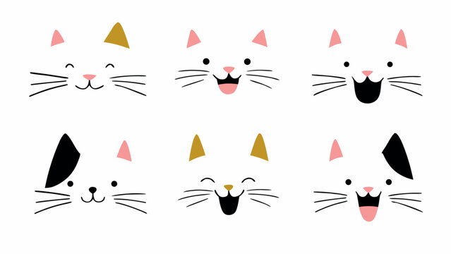 Cute Cat Face Emoji Set Flat Illustration on White Background