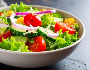 Close-up of a vibrant, fresh salad with assorted colorful vegetables