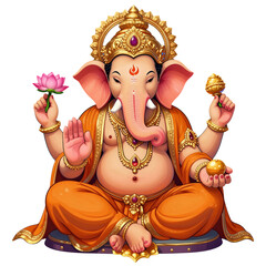 Fototapeta premium Illustration of deity with elephant head seated holding lotus and gold items