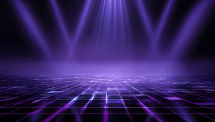Dramatic stage lighting with vibrant purple beams illuminating a textured reflective surface creating an atmospheric and futuristic visual effect