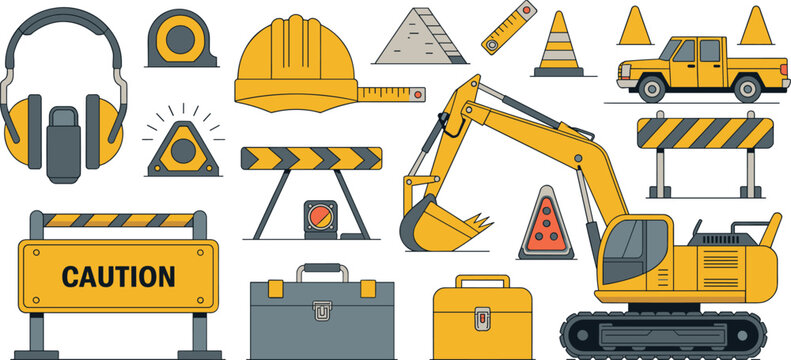 Construction safety tools and heavy machinery icons set, flat vector illustration for road work, engineering, industrial equipment collection design assets