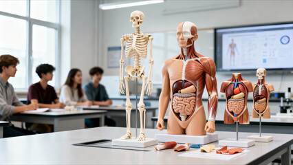 Anatomy lesson with human skeleton and muscle models in medical classroom