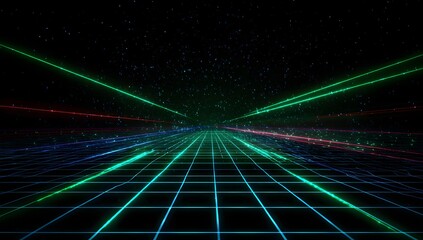 Abstract futuristic digital grid landscape with vibrant neon green and blue light beams extending into a dark starry expanse creating a sense of depth and motion