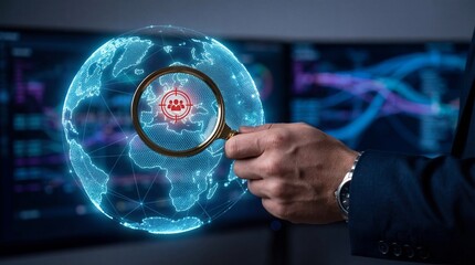 Businessman analyzing global data with magnifying glass