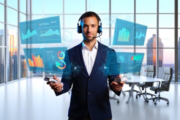 Businessman analyzing data with virtual interface in modern office