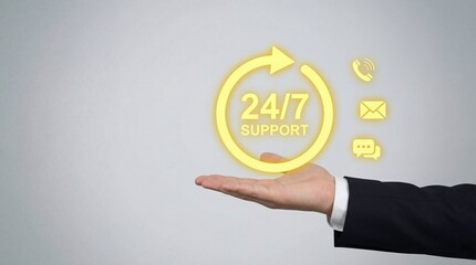 Businessman offering 24/7 customer support services with modern icons