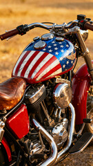 Fototapeta premium A meticulously customized motorcycle, adorned with a patriotic American flag design on its fuel tank, gleaming chrome, leather seat, evokes a sense of freedom and adventure.