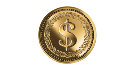Golden dollar coin with currency symbol representing wealth, finance, investment success, economic growth, luxury money concept, realistic 3D isolated on white background