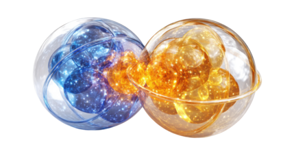 Abstract blue and gold energy spheres symbolizing science fusion, technology balance, atomic interaction, futuristic physics concept, digital illustration isolated on white background