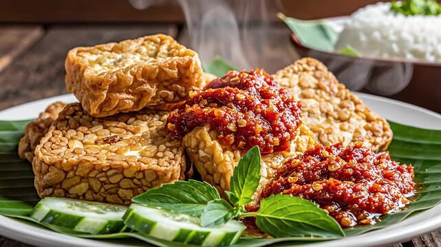Close up of fried tempeh with spicy sauce on a white plate for culinary visuals