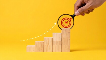 Magnifying glass over red target on goal blocks