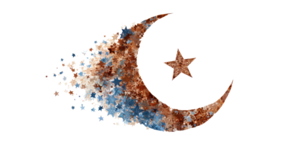Artistic crescent moon with stars made of abstract particles representing night sky, fantasy, religion, celebration, spiritual symbol isolated on white background
