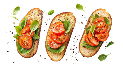 Fresh tomato spinach bruschetta toasts healthy vegetarian snack gourmet appetizer food photography isolated overhead composition on white background