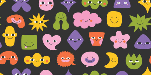 Obraz premium Geometric abstract comic smiling faces. Hand drawn trendy Vector seamless Pattern. Different colored characters. Cartoon style. Flat design. Cute doodle characters, head, abstract smiling emoji.