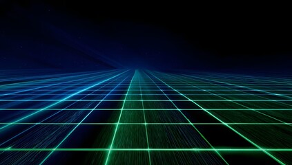 Illuminated digital grid receding into deep space with glowing blue and green lines creating a futuristic technological landscape background