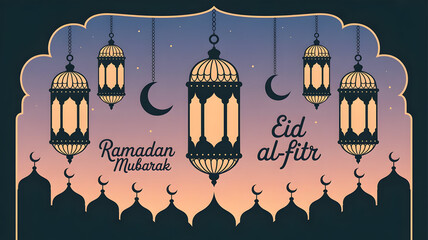 Eid al fitr celebration with lanterns and crescent moons