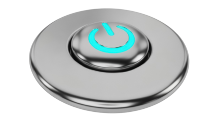 Silver power button isolated PNG on transparent background, metallic switch for electronic devices and user interface design