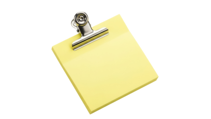Yellow sticky note with metal clip isolated PNG, blank paper memo pad for reminders and organization on transparent background