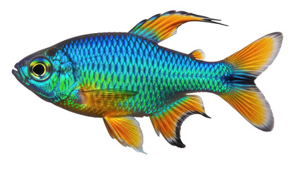 Colorful dwarf rainbowfish isolated PNG on transparent background, vibrant tropical fish with iridescent scales and bright fins, aquarium pet