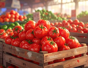 Ripe tomatoes piled high in wooden crate at market