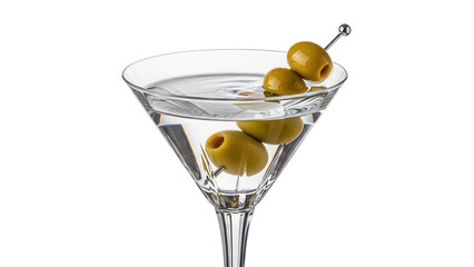 Martini with olives isolated PNG, classic cocktail drink with gin or vodka and olive garnish on transparent background