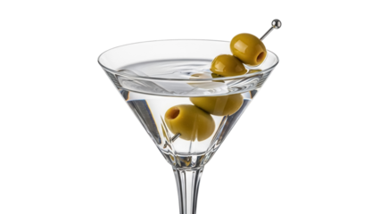 Martini with olives isolated PNG, classic cocktail drink with gin or vodka and olive garnish on transparent background