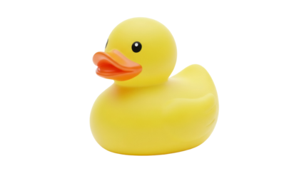 Bright yellow rubber duck isolated PNG, classic bath toy for kids and babies on transparent background, fun childhood icon
