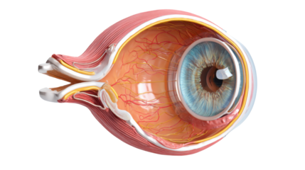 Detailed human eye anatomy cross section medical illustration ophthalmology science education 3D render isolated on white background