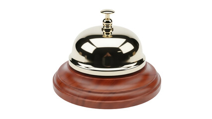 Shiny golden service bell isolated PNG on transparent background, vintage call bell for hotel reception or concierge desk