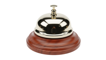 Shiny golden service bell isolated PNG on transparent background, vintage call bell for hotel reception or concierge desk