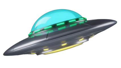 Sleek silver UFO with glowing lights PNG isolated on transparent background, futuristic flying saucer for sci-fi and space exploration themes