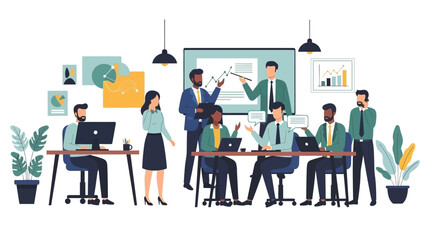 Diverse team in modern office collaborating on data analysis and presentations.