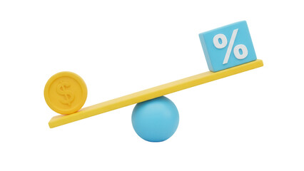 Financial balance with dollar coin and percentage sign isolated PNG, money and interest rate comparison on transparent background
