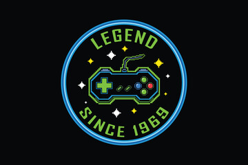 Legendary gamer badge with retro controller and starry background
